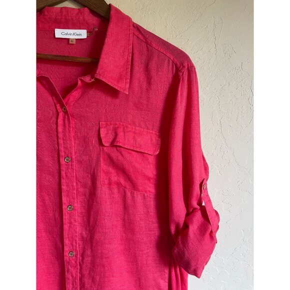 Calvin Klein Pink Linen Button Front Collared Size XL Blouse Top Roll Tab Sleeve - Picture 6 of 7